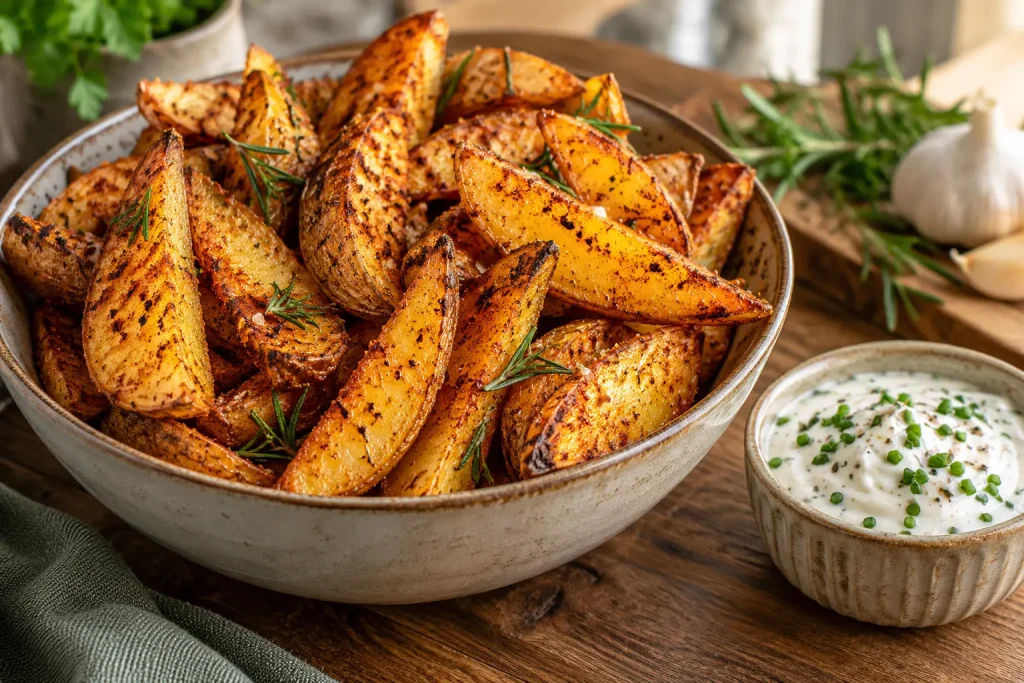 Receptfoto van Airfryer aardappelpartjes met rozemarijn en yoghurtdip