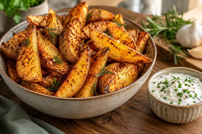 Receptfoto van Airfryer aardappelpartjes met rozemarijn en yoghurtdip