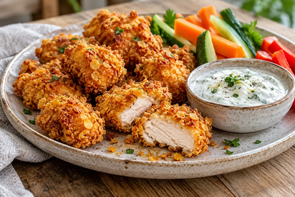 Receptfoto van Airfryer kipstukjes met krokante cornflakeskorst