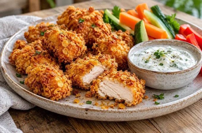 Receptfoto van Airfryer kipstukjes met krokante cornflakeskorst