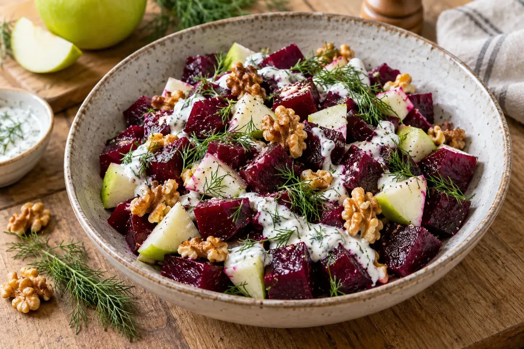 Receptfoto van Frisse bietensalade met appel walnoten en yoghurt