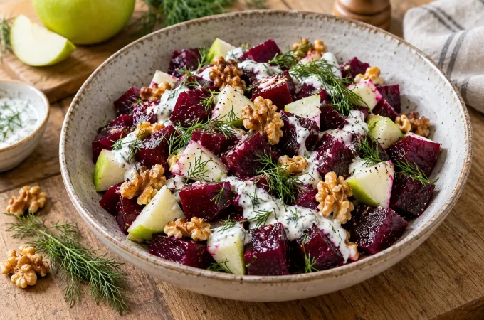 Receptfoto van Frisse bietensalade met appel walnoten en yoghurt