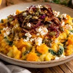 Receptfoto van Herfstige pompoenstamppot met feta en geroosterde pitten