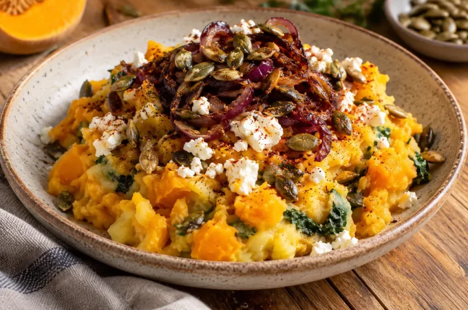 Receptfoto van Herfstige pompoenstamppot met feta en geroosterde pitten