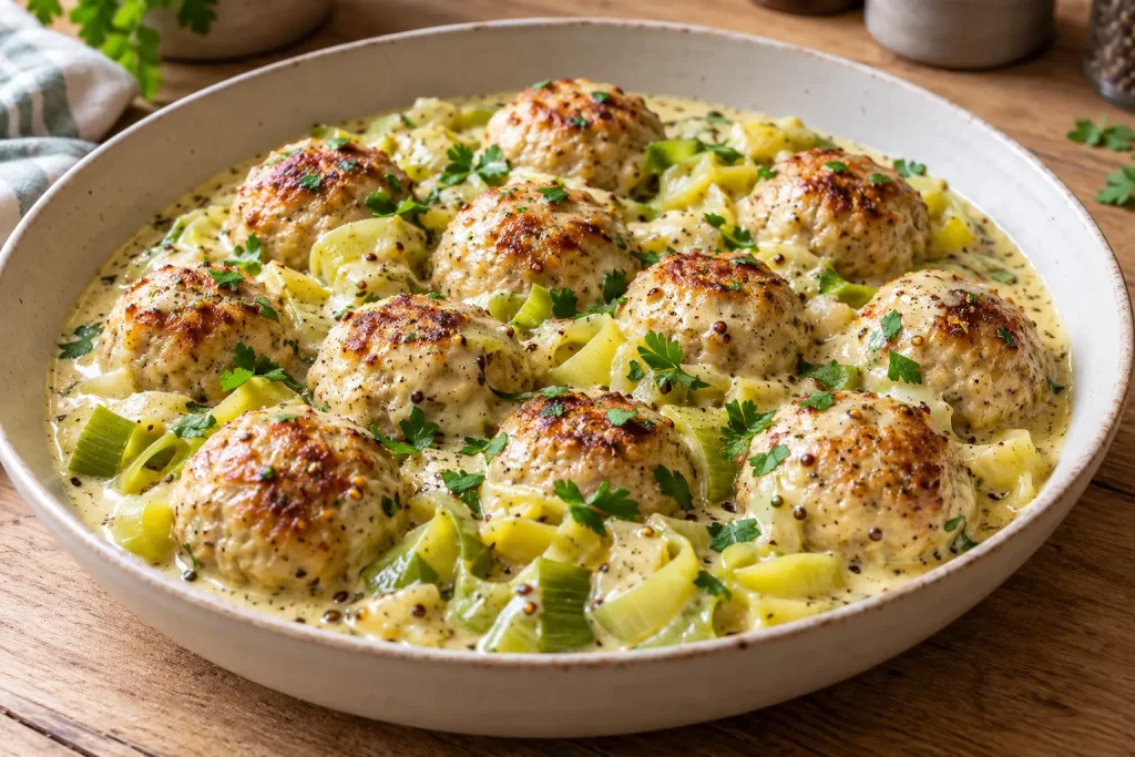 Receptfoto van Kipgehaktballetjes in romige mosterdsaus met prei