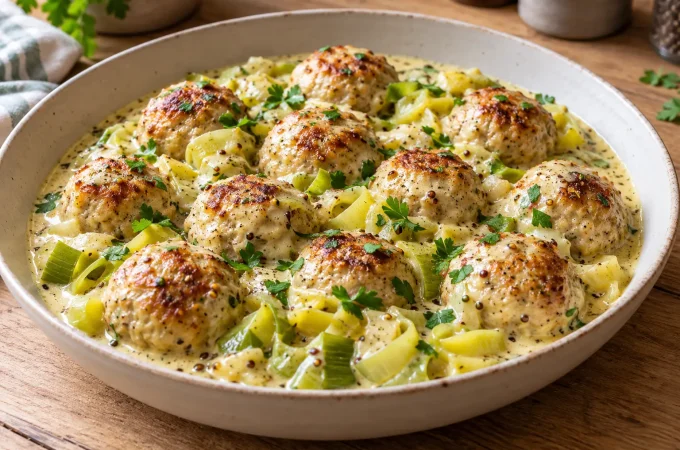 Receptfoto van Kipgehaktballetjes in romige mosterdsaus met prei