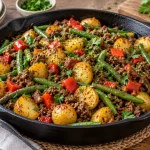 Receptfoto van Krieltjes met sperziebonen en gehakt uit één pan