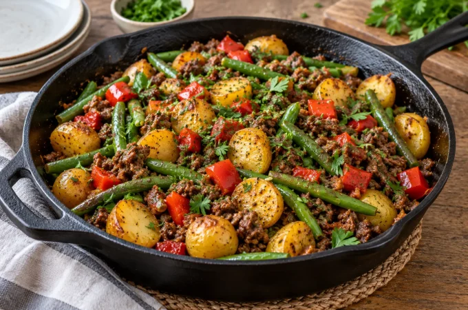 Receptfoto van Krieltjes met sperziebonen en gehakt uit één pan