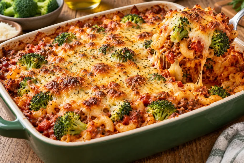 Receptfoto van Ovenmacaroni met broccoli tomaat en goudbruine kaas