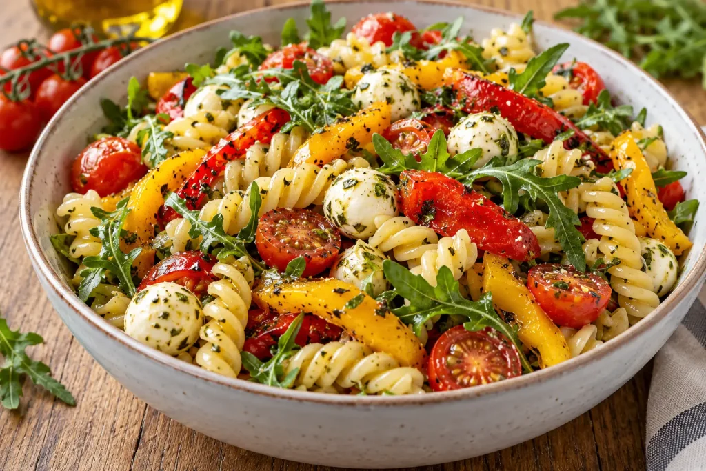 Receptfoto van Pastasalade met gegrilde paprika mozzarella en rucola