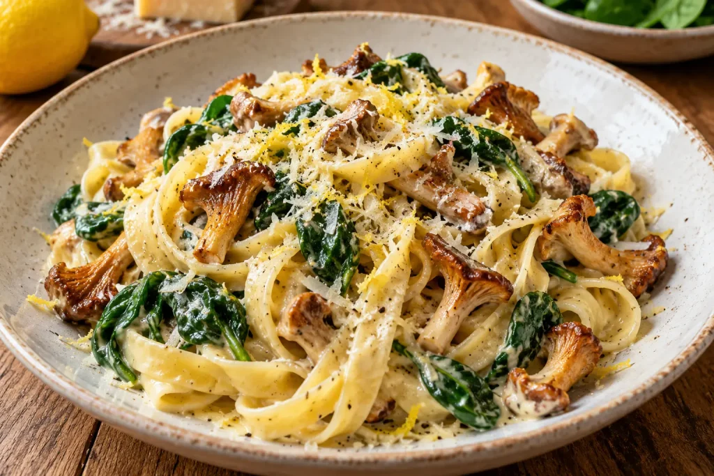 Receptfoto van Romige pasta met spinazie champignons en citroen