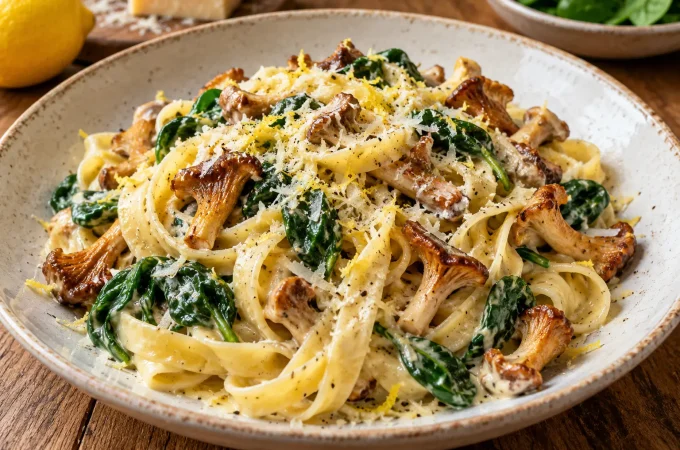 Receptfoto van Romige pasta met spinazie champignons en citroen