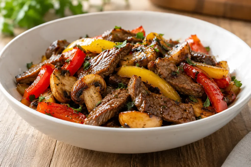 Receptfoto van Runderreepjes met champignons en paprika uit de wok