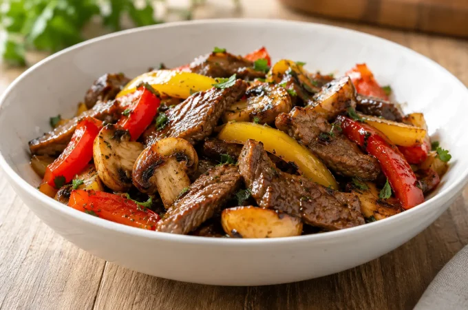 Receptfoto van Runderreepjes met champignons en paprika uit de wok