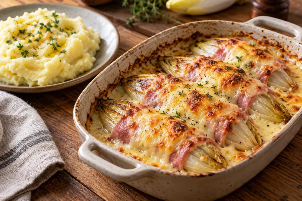 Receptfoto van Witlof uit de oven met ham kaas en romige aardappelpuree