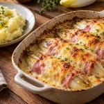 Receptfoto van Witlof uit de oven met ham kaas en romige aardappelpuree