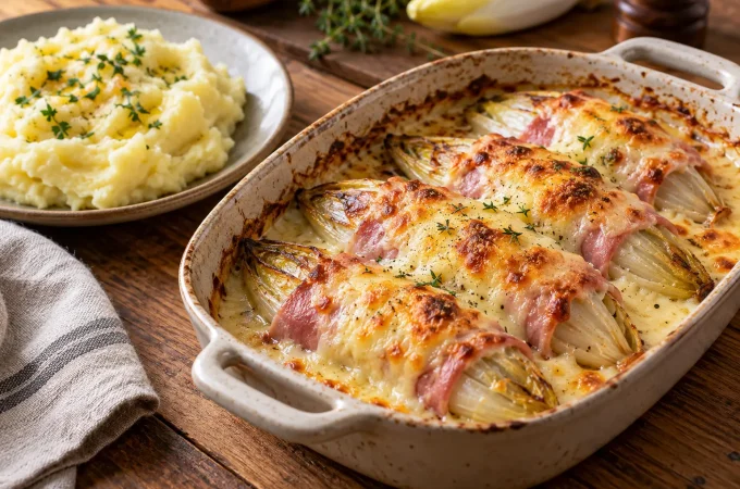 Receptfoto van Witlof uit de oven met ham kaas en romige aardappelpuree